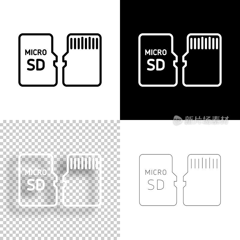 Micro SD卡-前后视图。图标设计。空白，白色和黑色背景-线图标